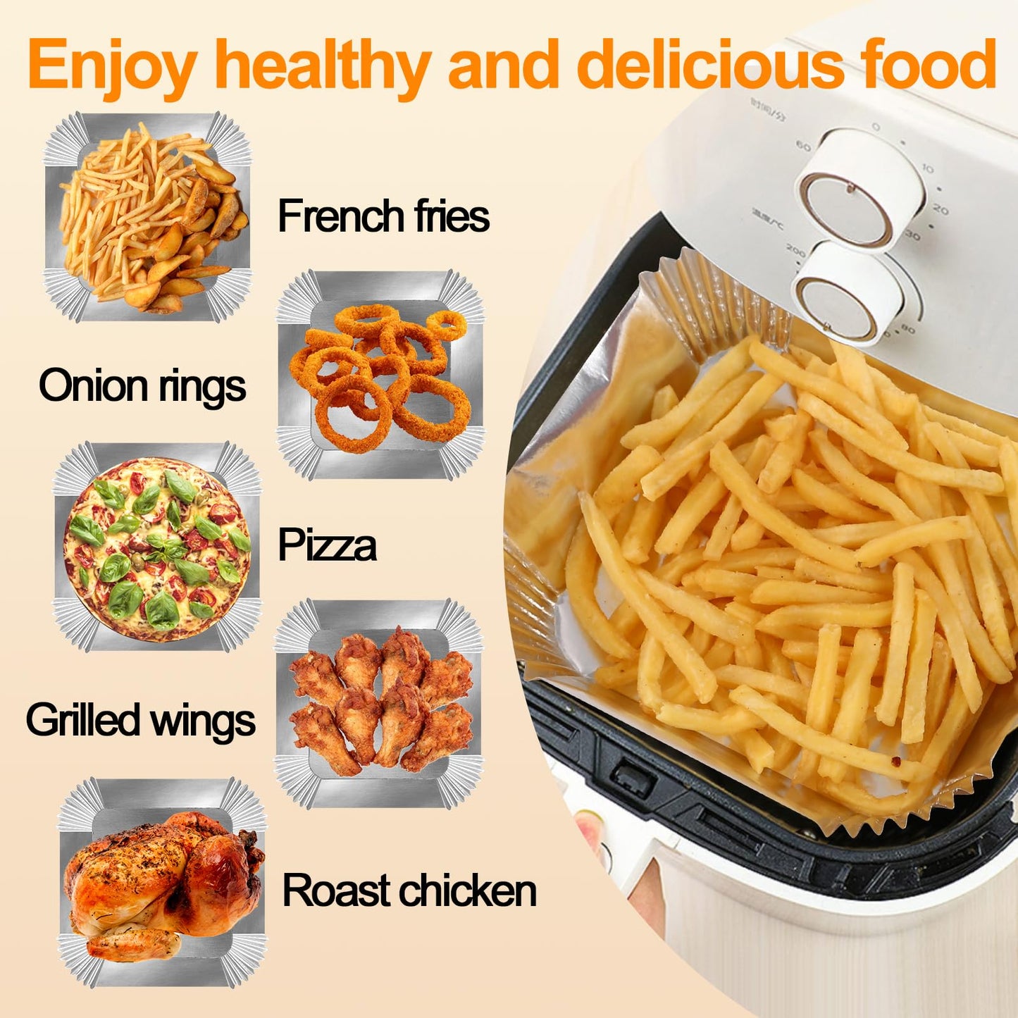 100 PCS Aluminum Foil Air Fryer Liners, Non-stick Air Fryer Disposable Paper Liner, Oil-proof Water-proof Sheets, Food Grade Aluminum Foil for Baking, Frying, Grilling, Roasting Microwave