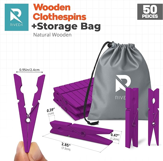 RIVEDA 50pcs Colored Wooden Clothes Pins, Clothespins