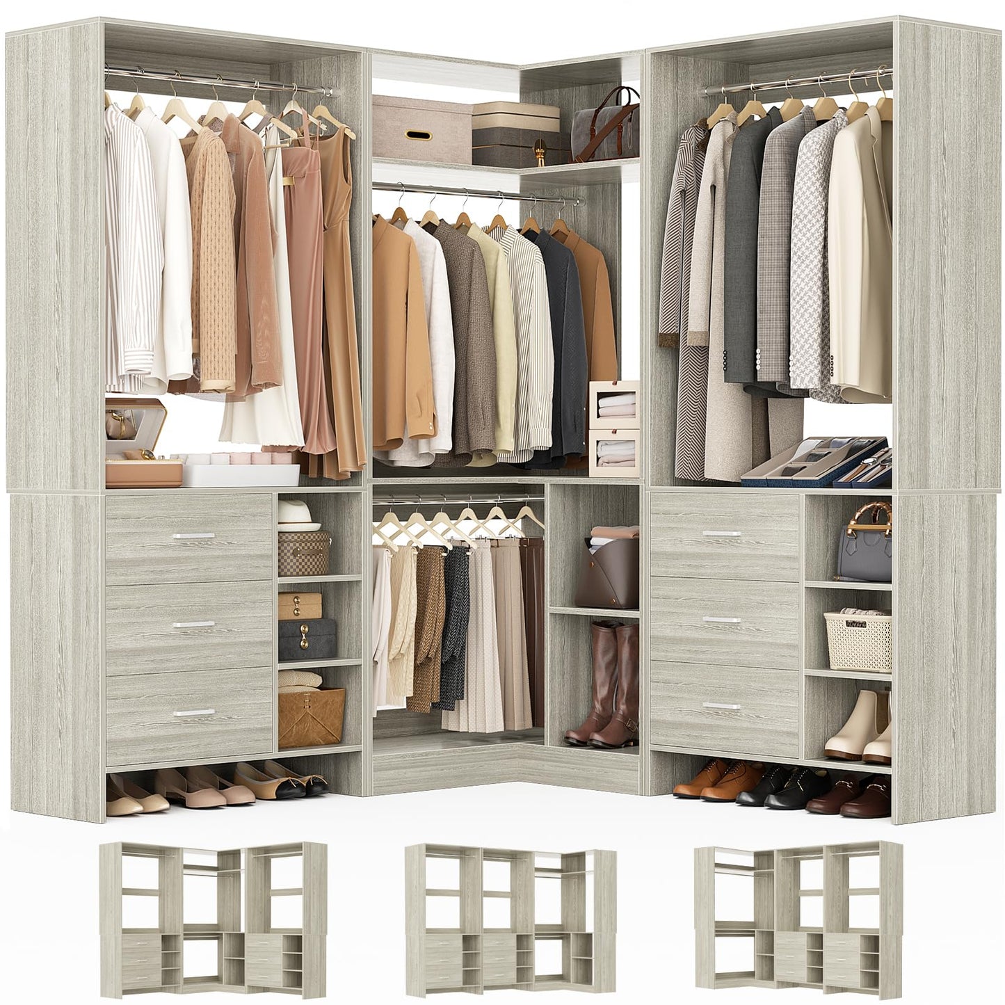 Aheaplus Closet System with 6 Drawers, 4 Hanging Rods & Corner Tower, Corner Closet System with Hanging,92.6" L-Shaped Walk-In Wardrobe Organizer, 2000+ lbs Capacity, Set of 3, White Oak
