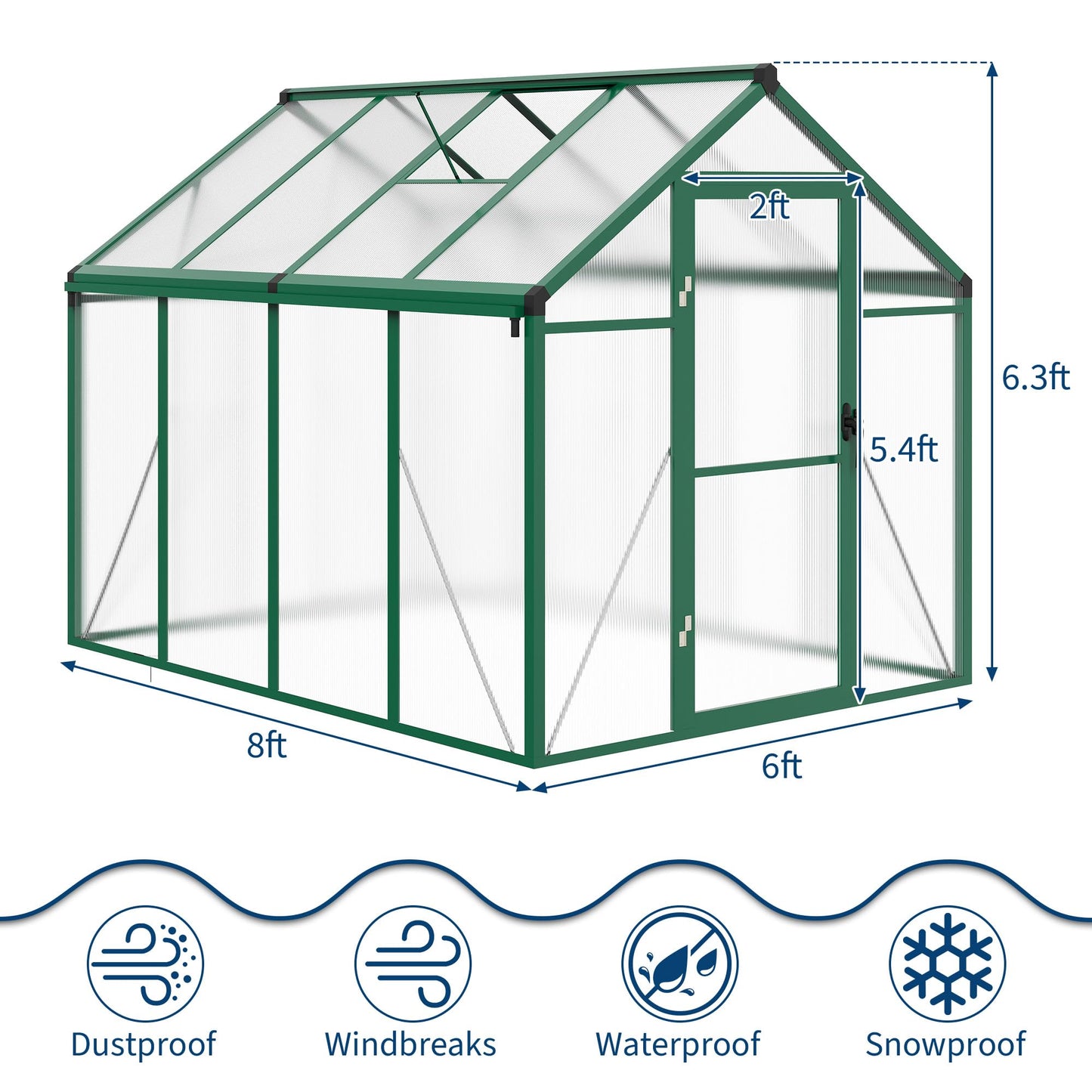 6x8 ft Walk-in Greenhouse, Polycarbonate Panels with Reinforced Aluminum Frame, Large Garden Green House for Planting and Seed Starting, Quick-Assembly Structure with Adjustable Roof Vent
