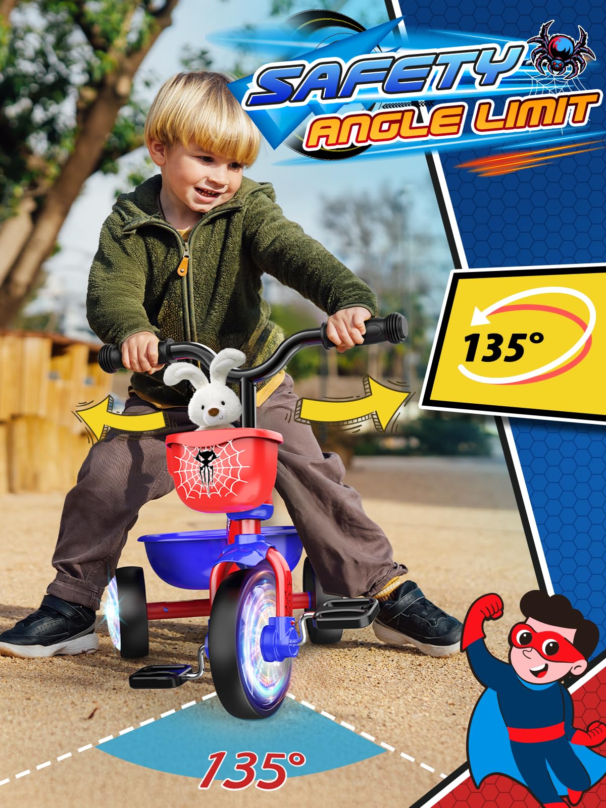Tricycle for Toddlers 1-3 3-5 Year Olds, Spider Toddler Bike Baby Balance Bike with Colorful Lighting Wheels & Large Basket, Birthday Gift and Toy for 1 2 3 4 5 Year Olds Boys and Girls