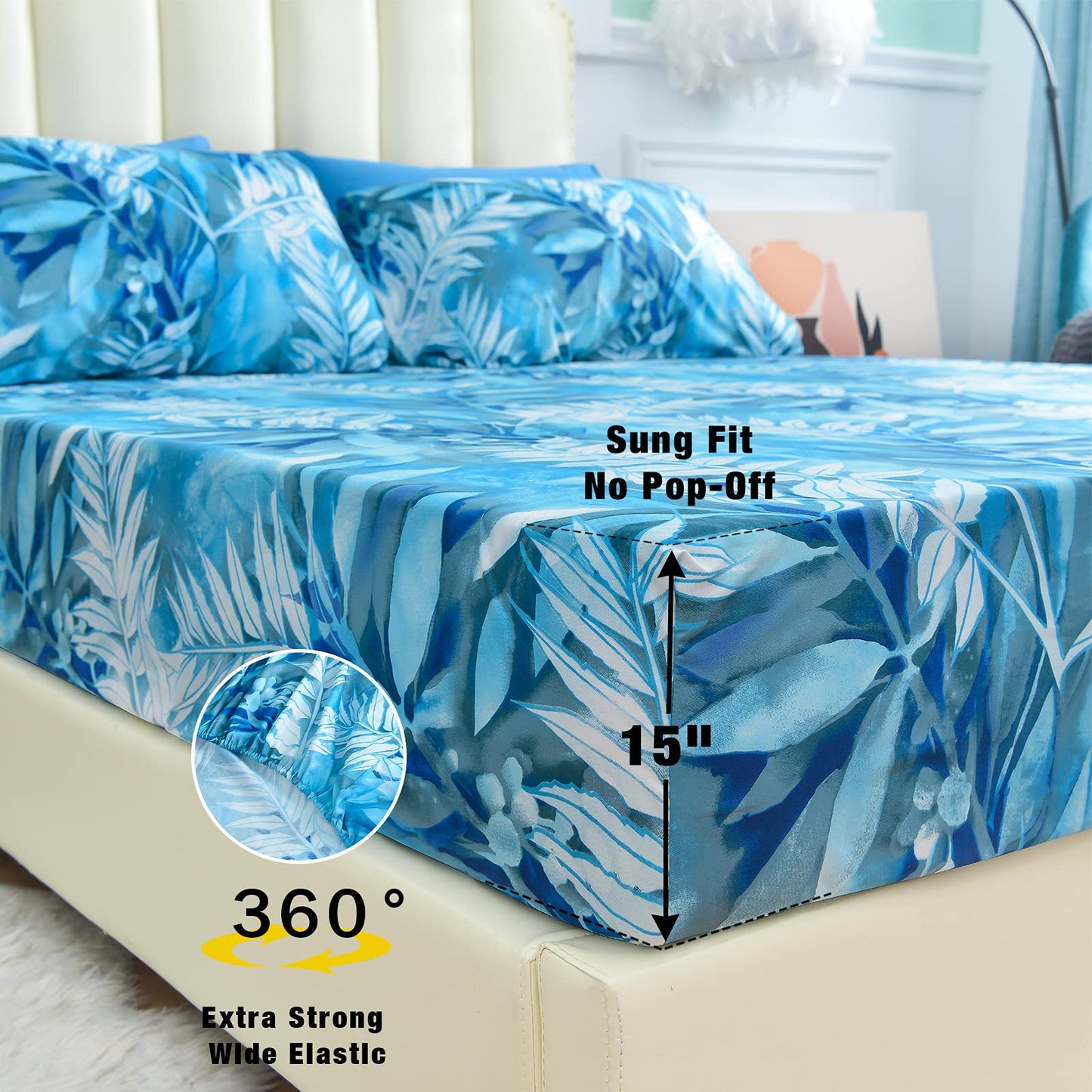 JSD Teal Blue Tropical Leaves Sheet Set Full Size, 4 Piece Printed Microfiber Sheets Extra Deep Pocket Wrinkle Free