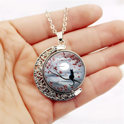DEQIYIJI Cat Gifts Cute Black Cat Moon Pendant Necklace Jewelry For Women Cat Lovers Stuff Silver