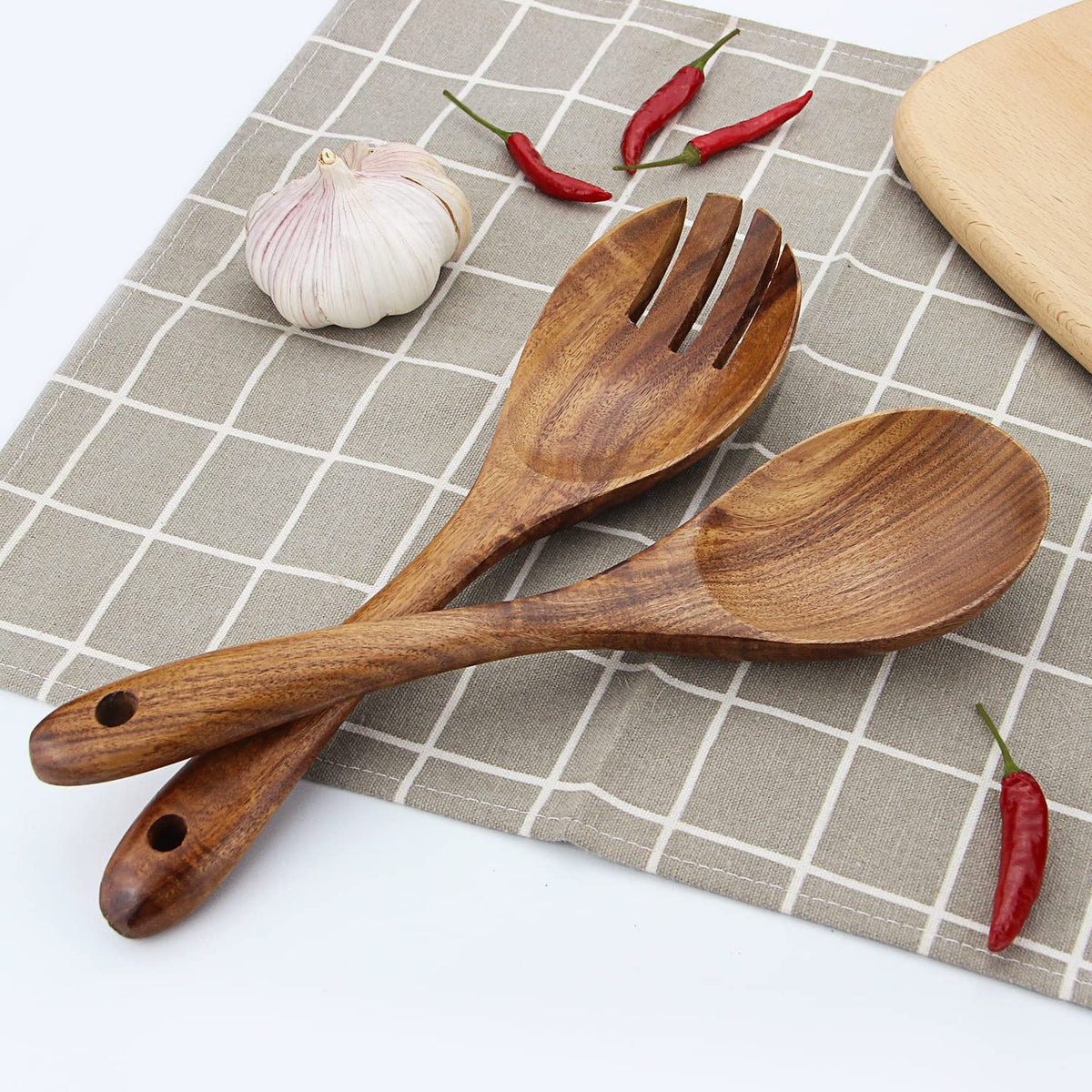 AOOSY Acacia Wood Salad Bowl Set — 9Inch Handmade Wooden Bowl with Serving Spoon & Fork, 3-Piece Mixing & Serving Set