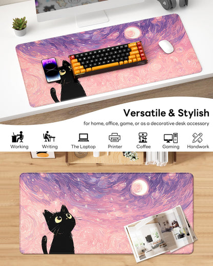 Velluxion XL Gaming Mouse Pad, 31.5x15.7'' Large Desk Mat with Anti-Slip Rubber Base & Stitched Edges for Gaming, Office, Home, Van Gogh Cat