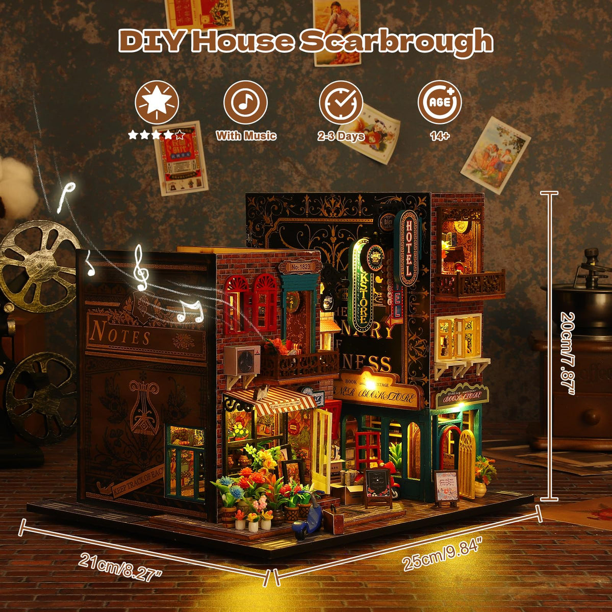 Hallisun DIY Miniature House Building Kits, Scarborough Hotel and Momo Tea House 3D Wooden Dollhouse Toys, Birthday Festival Gift for Teens Adults with Dustproof Covers