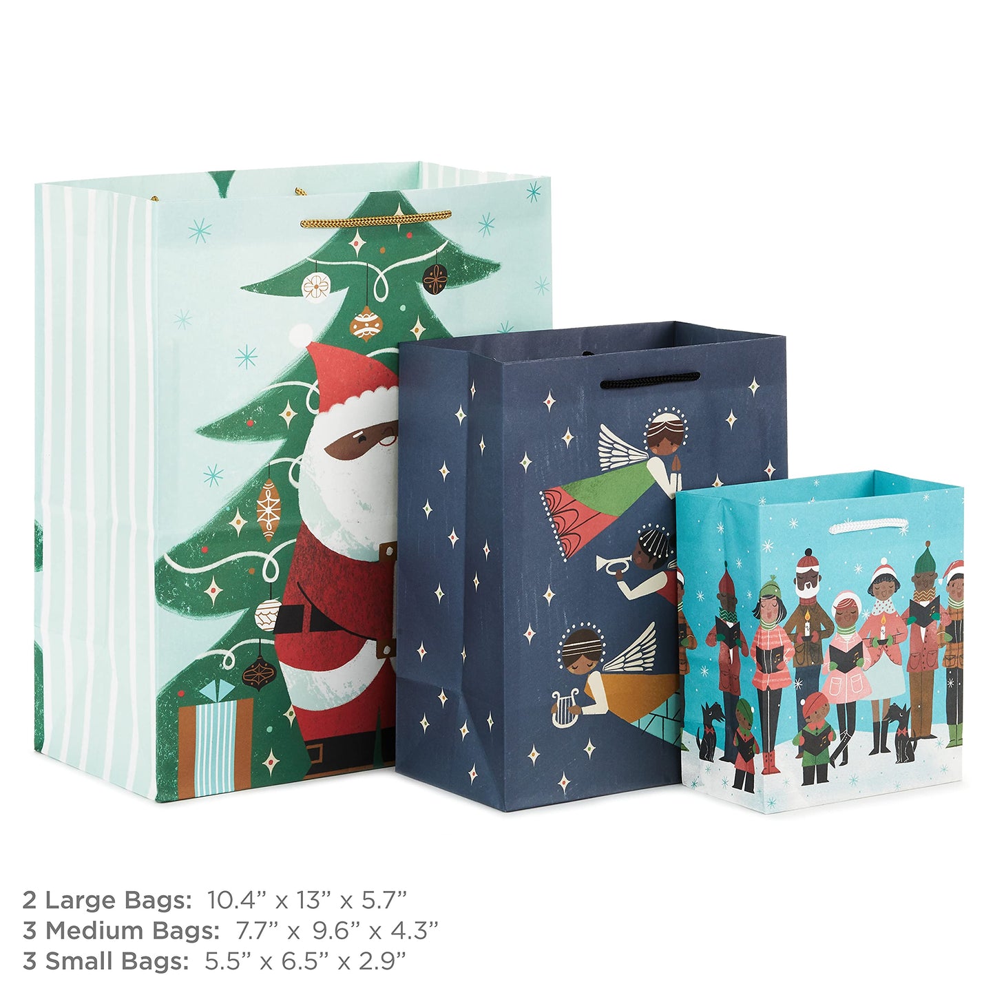 Hallmark Mahogany Christmas Gift Bag Assortment (8 Bags; 3 Small 6", 3 Medium 9", 2 Large 13") Black Santa Claus, African-American Angels, Carolers