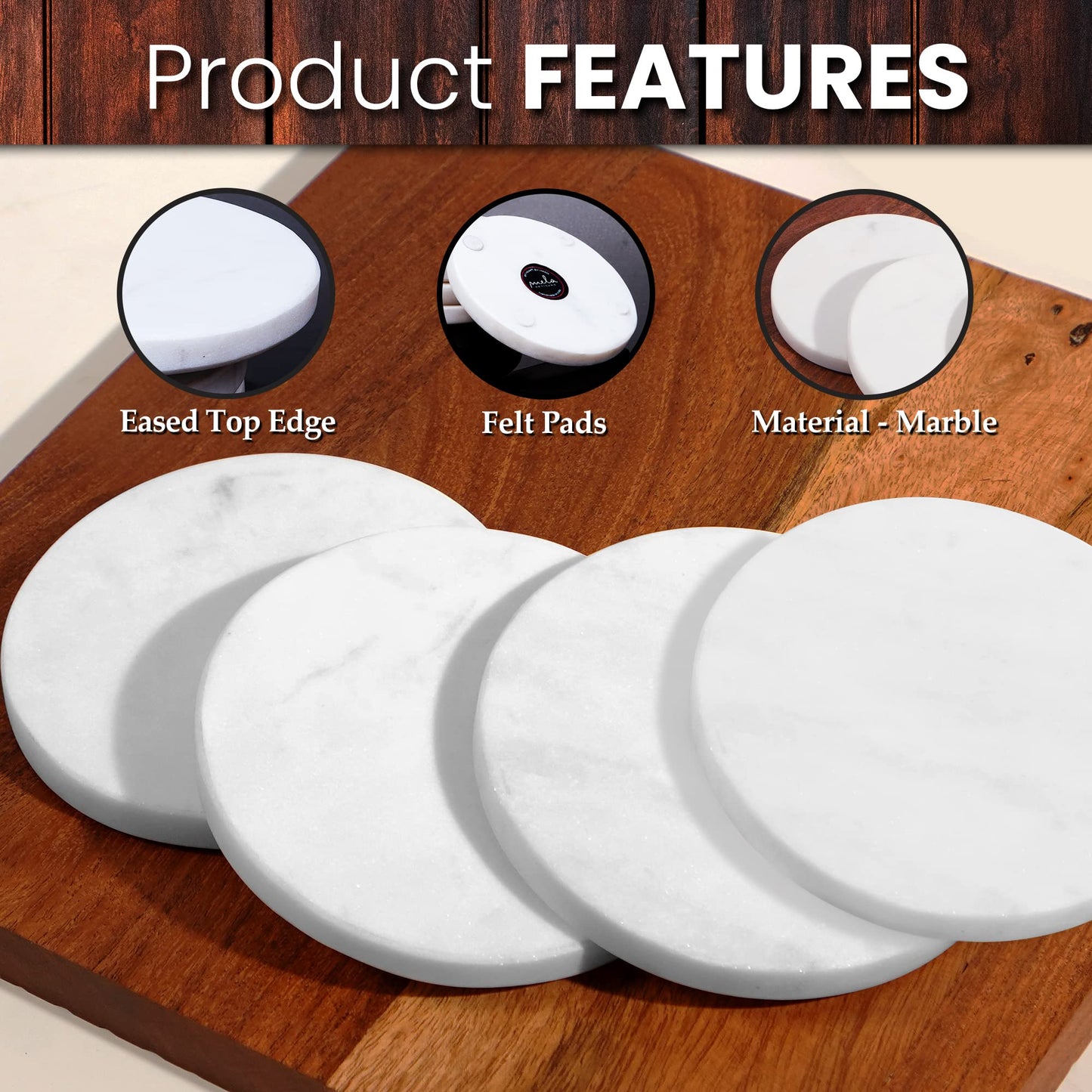 Mela Artisans White Marble Coasters Set of 4 – Round Stone Coasters for Drinks – Elegant White Coffee Table Decor – Handcrafted Natural Marble Cup Mat for Wine, Water & Beer