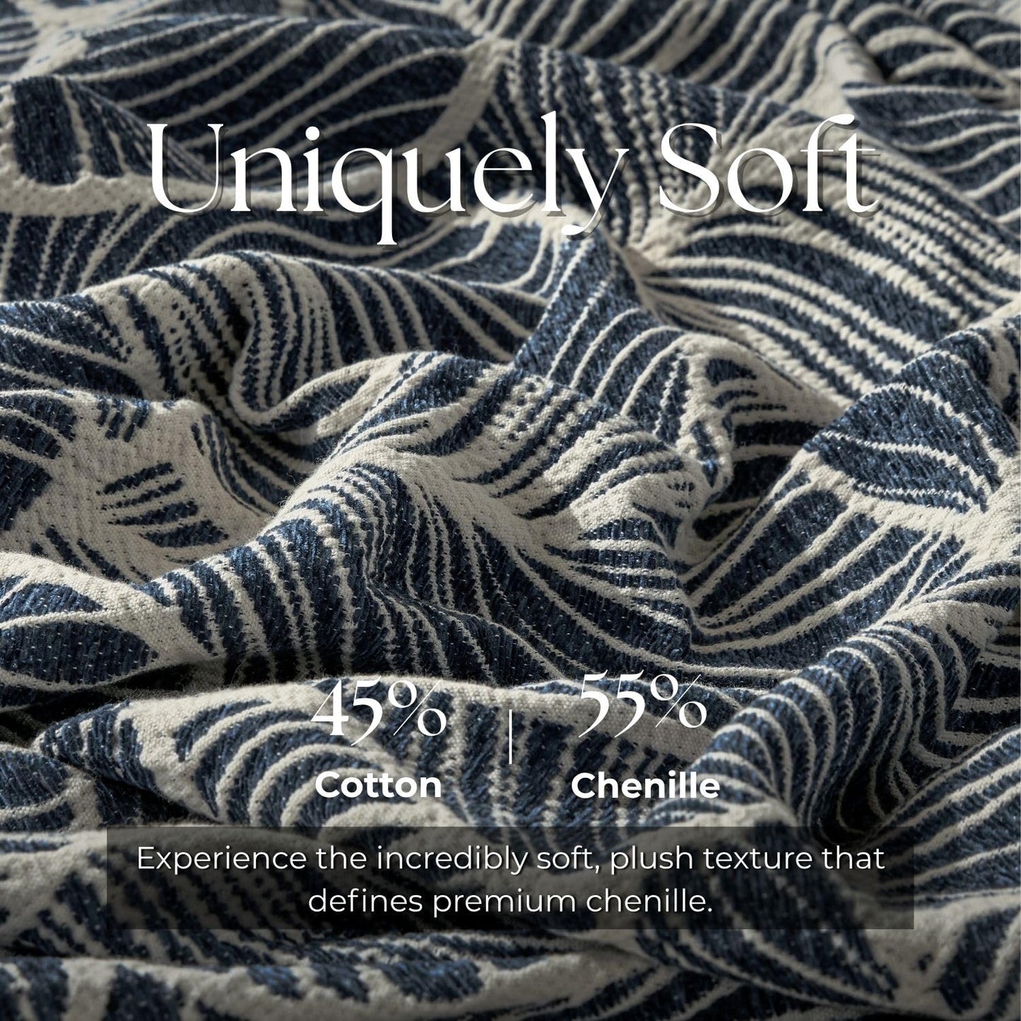 DOWN HOME Chenille Cotton Throw Blanket for Couch, Lightweight Boho Blanket for Bed Sofa Chair Living Room Outdoor Soft Woven Decorative Blanket with Tassel Gift Navy Leaves 55"x60"