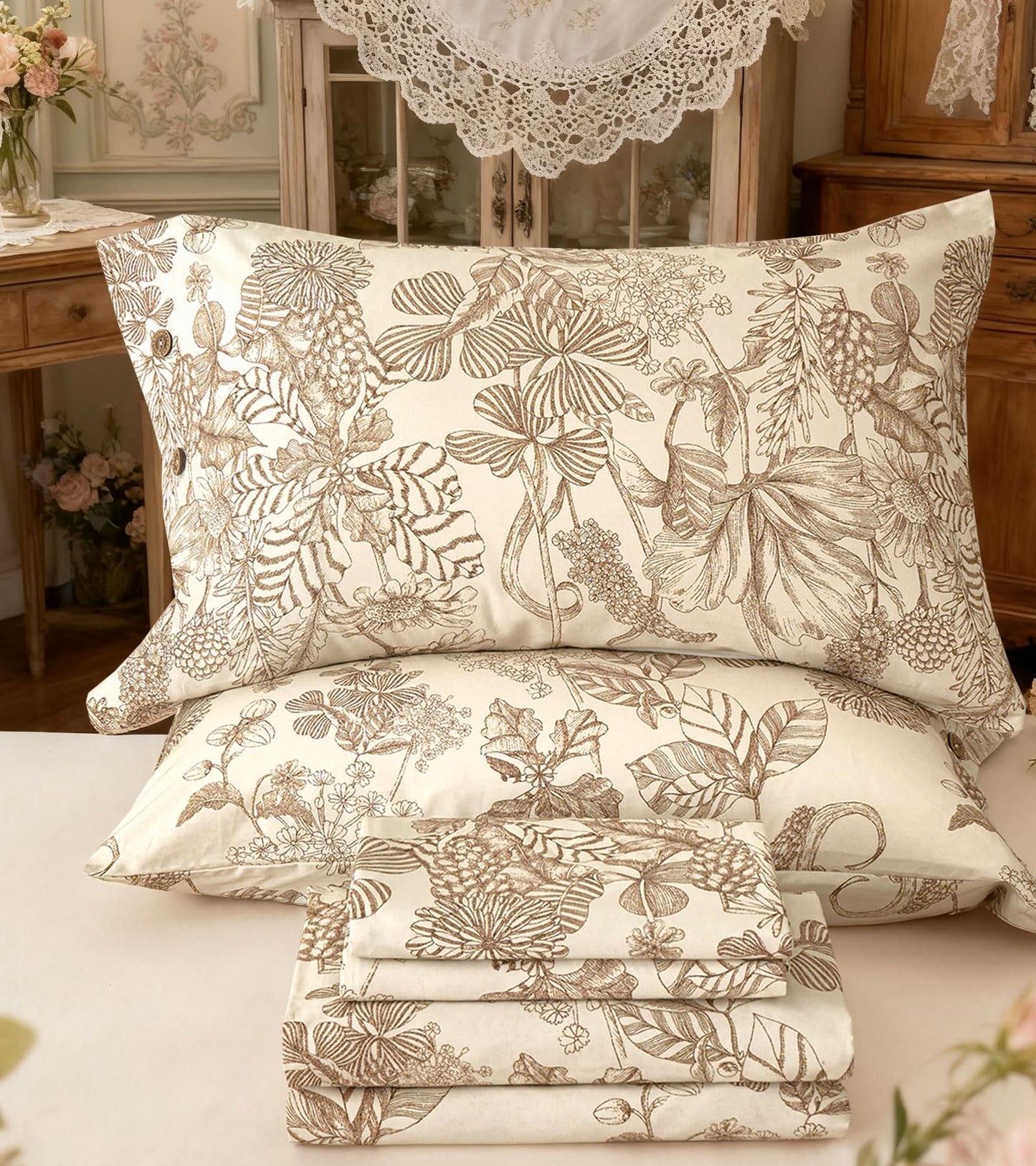 Zusbest Beige Queen Sheet Set 400TC 100% Cotton Flannel-Like Warm Luxury Brown Toile Floral Bed Sheets 4Pc Deep Pocket 17.5‘', Botton Pillowcases Double Brushed Extra Soft Breathable, French Country