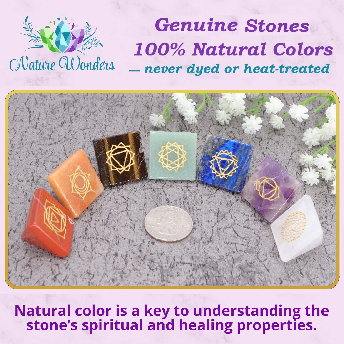 NatureWonders All Natural 7 Chakra Stone Set (Pyramid) with Engraved Symbols (Gift Box, Information Brochure & Pouch) - Healing Crystals, Balancing, Tumbled Palm Stone, Touchstone, Meditation
