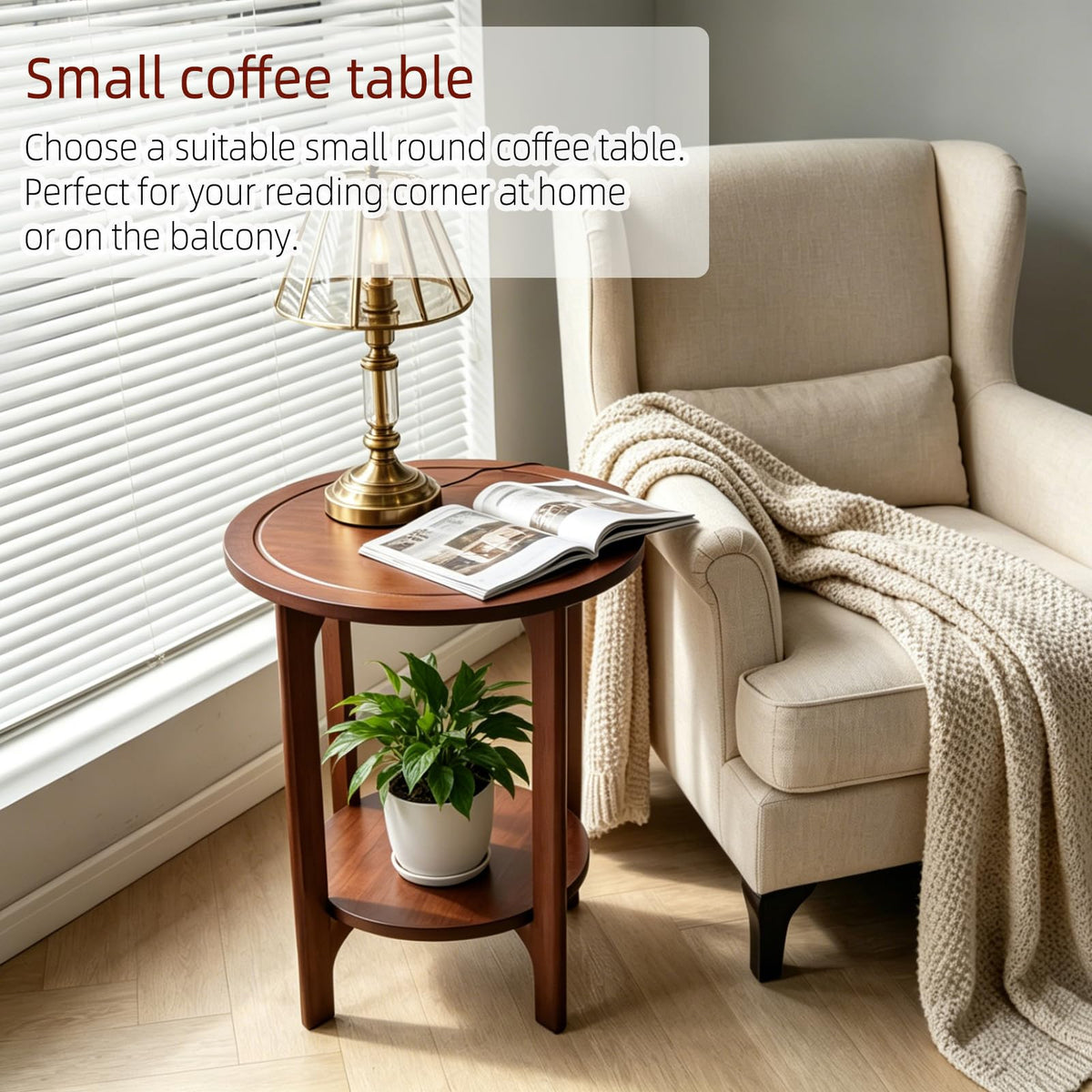 Small Round Side Table, 2-Tier Solid Wood End Table, Mid Century Modern Nightstand for Living Room, Bedroom, Easy Assembly (Walnut)
