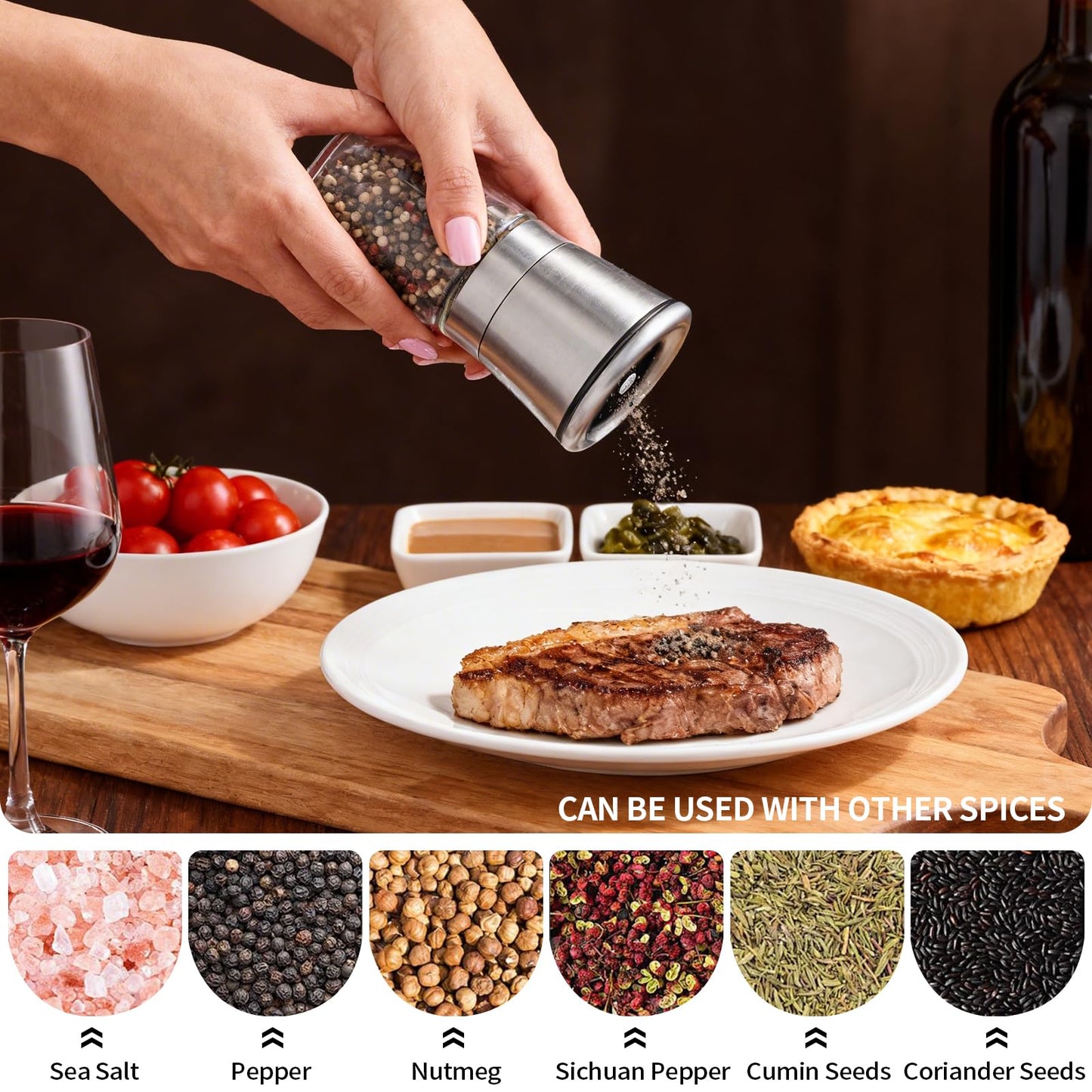 Premium Salt and Pepper Grinder Set of 2, Refillable Stainless Steel Spice Shakers with Adjustable Coarseness, Easy Clean Durable Ceramic Mills, Include Silicone Funnel & Cleaning Brush (5.3"H-2 Pack)