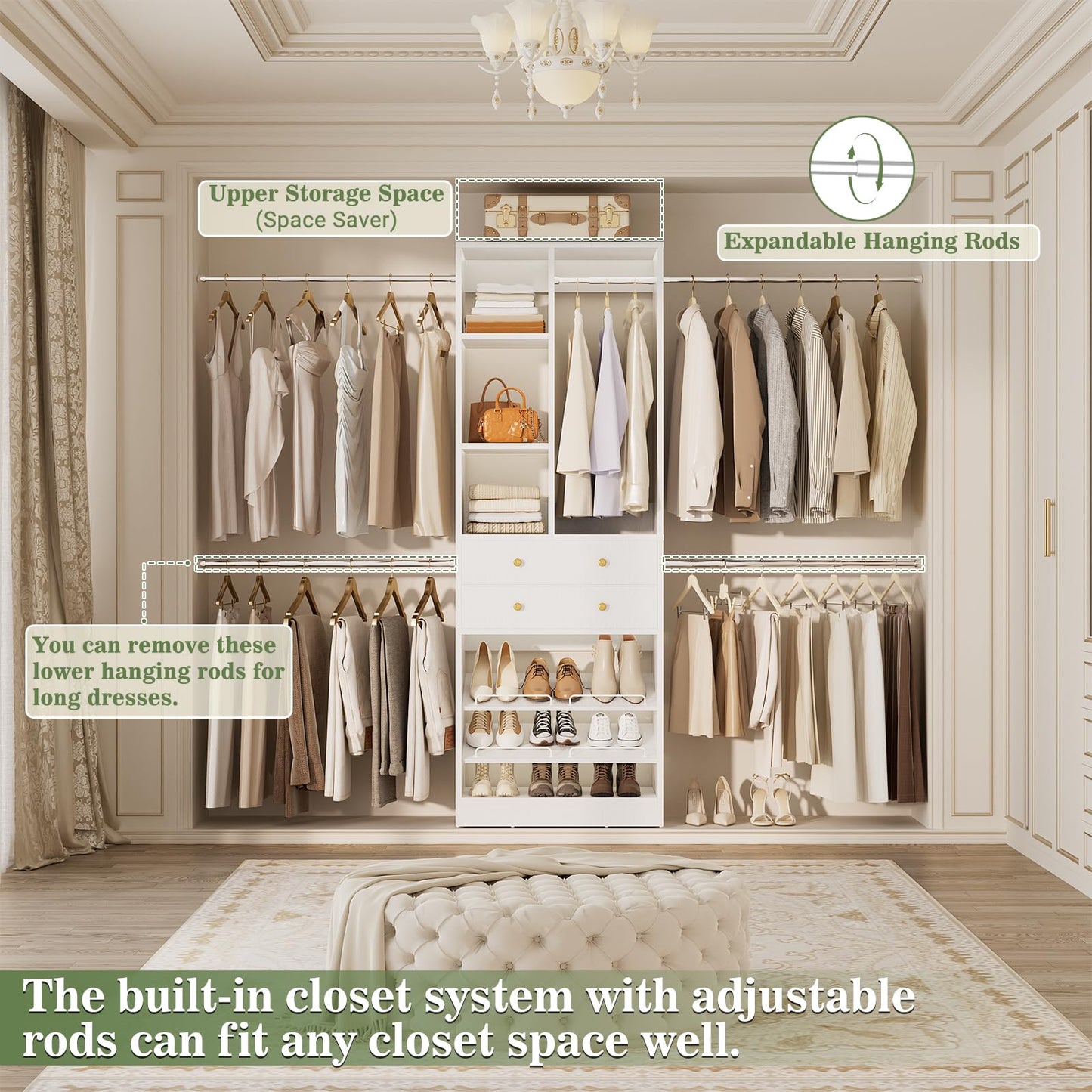 Besiost Closet System, 4.2–8.8 FT Closet Organizer with 2 Wooden Drawers and Shelves, Walk-in Closet System with Hanging Rods, Built-in Closet Tower, Can Fit 60 to 96 inch, White