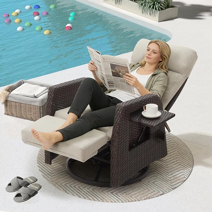 Adjustable Outdoor Recliner Chair with Independent Backrest & Footrest, Patio Swivel Recliner Chair, Wicker Reclining Patio Chair w/Flip-Up Table, Air Pump 155° Lay Flat Chaise Lounge, Beige