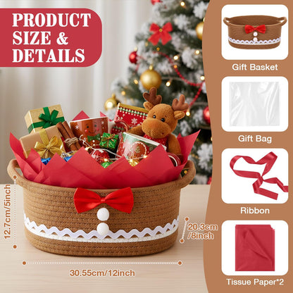 Zopeal Valentine's Day Woven Basket with Gift Bag, Ribbon and Red Tissue Paper Gingerbread Man Woven Bin Empty Shelf Basket Holiday Decorative for Xmas Gifts, 12 x 8 x 5 Inch
