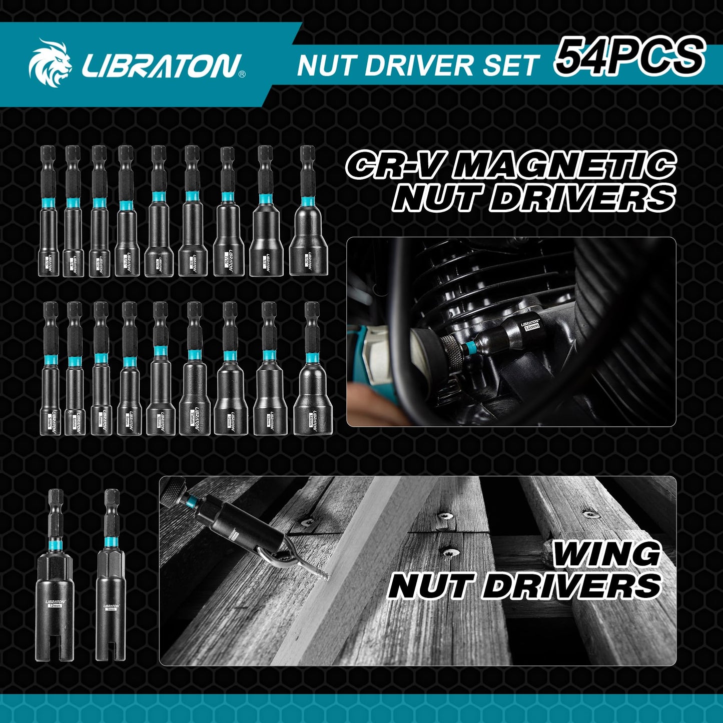 LIBRATON 54PCS Magnetic Nut Driver Set, Impact Drill Driver Bit 1/4", Metric & SAE Nut Driver for Impact Drill, Socket Adapters, Screwdriver Bits, Quick-Release Extension, Wing Nut Driver, Storage Box
