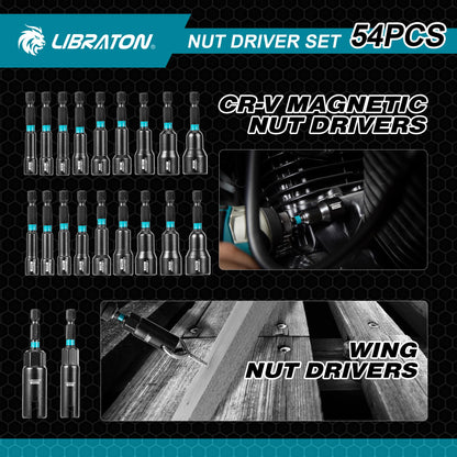 LIBRATON 54PCS Magnetic Nut Driver Set, Impact Drill Driver Bit 1/4", Metric & SAE Nut Driver for Impact Drill, Socket Adapters, Screwdriver Bits, Quick-Release Extension, Wing Nut Driver, Storage Box