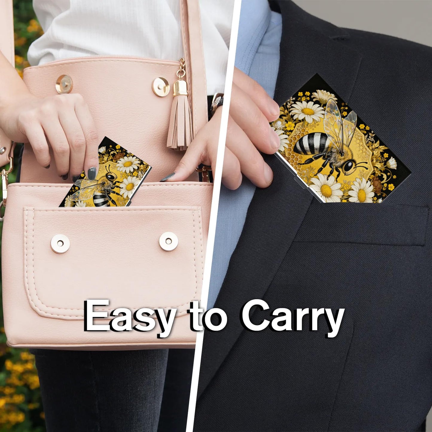 Retro bee pattern Business card holder - metal ultra-thin business card box, men's and women's pocket business card holder, can store credit cards, gift cards, etc