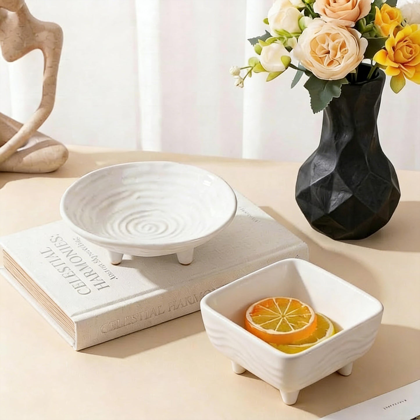 BSTUR Small Decorative Bowl, 6” Ceramic Key Bowl for Entryway Table, Multi-Purpose Decorative Bowls for Candy, Jewelry and Home Decor（Retro White）