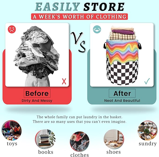 Rainbow Grey White Plaid Laundry Hamper Colorful Hippie Funny Laundry Basket