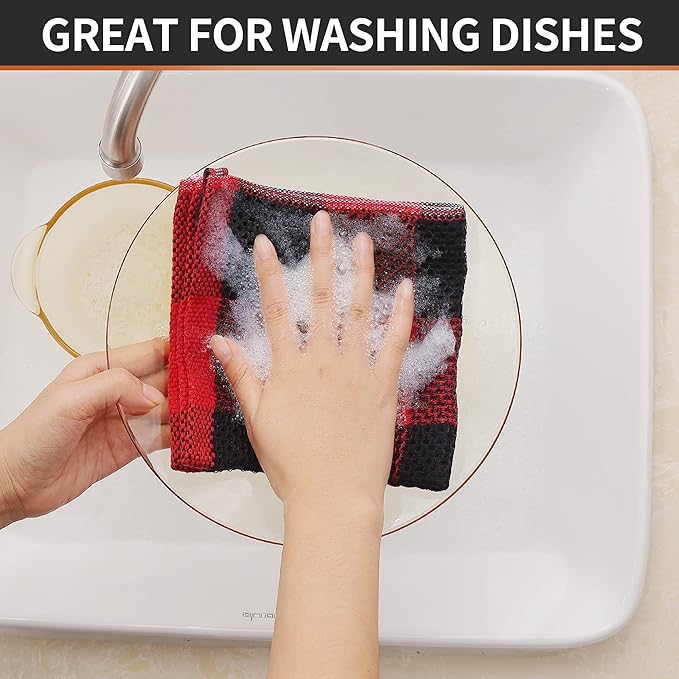 Homaxy 100% Cotton Waffle Weave Check Plaid Dish Cloths, 12 x 12 Inches