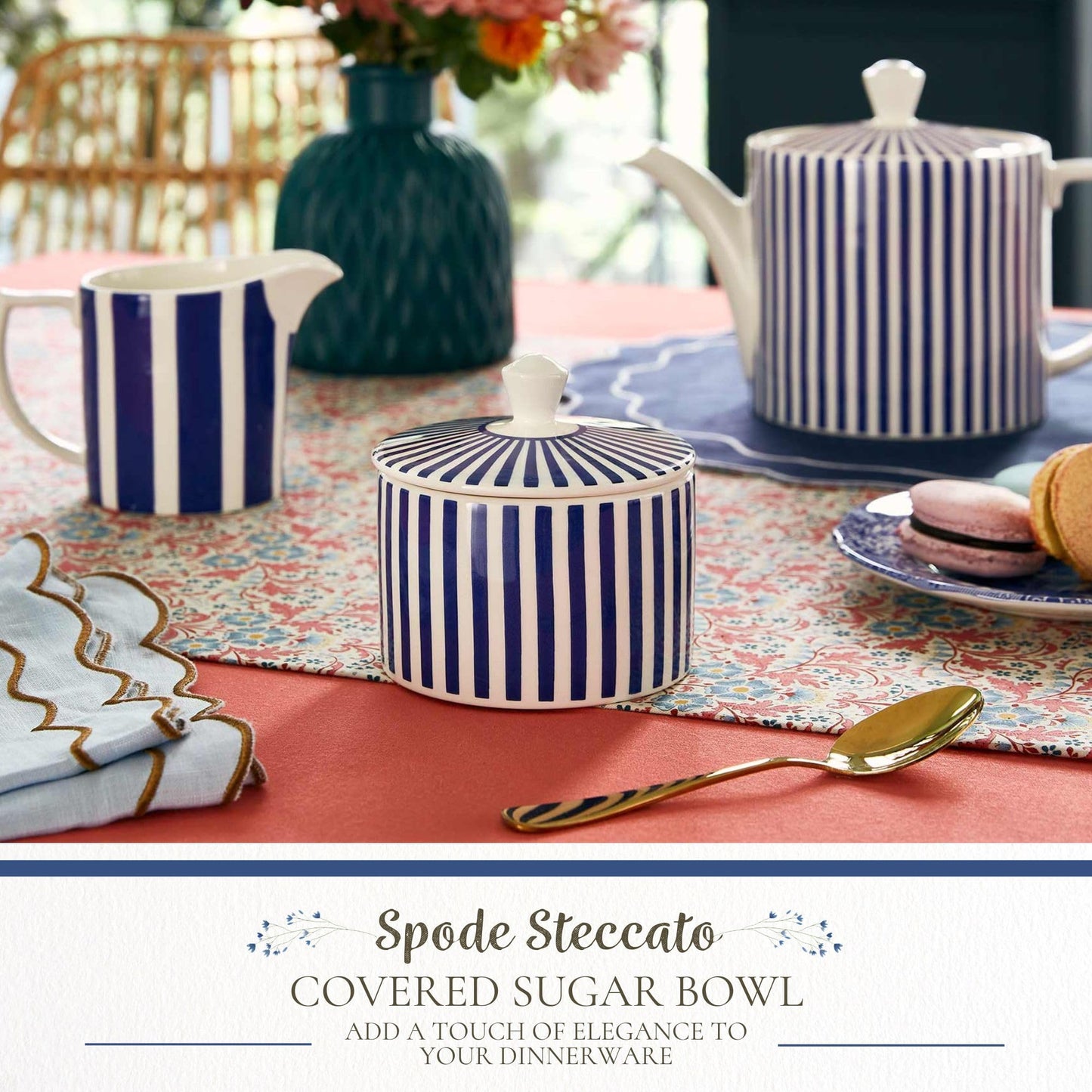 Spode Steccato Covered Sugar Bowl - 10 Ounce Earthenware Container with Lid, Cobalt Blue Striped Design, Microwave Dishwasher Freezer & Oven Safe - Ideal for Afternoon Tea & Gifting