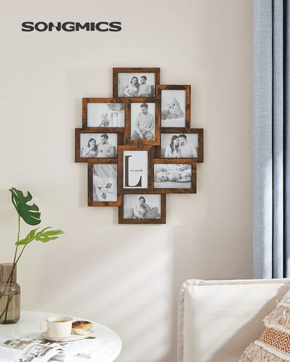 SONGMICS Collage Picture Frames, 10 Frames for 4x6 Photos, Collage Photo Frames for Wall, Multi Frames, Wall Decor, Rustic Brown RPF020X01