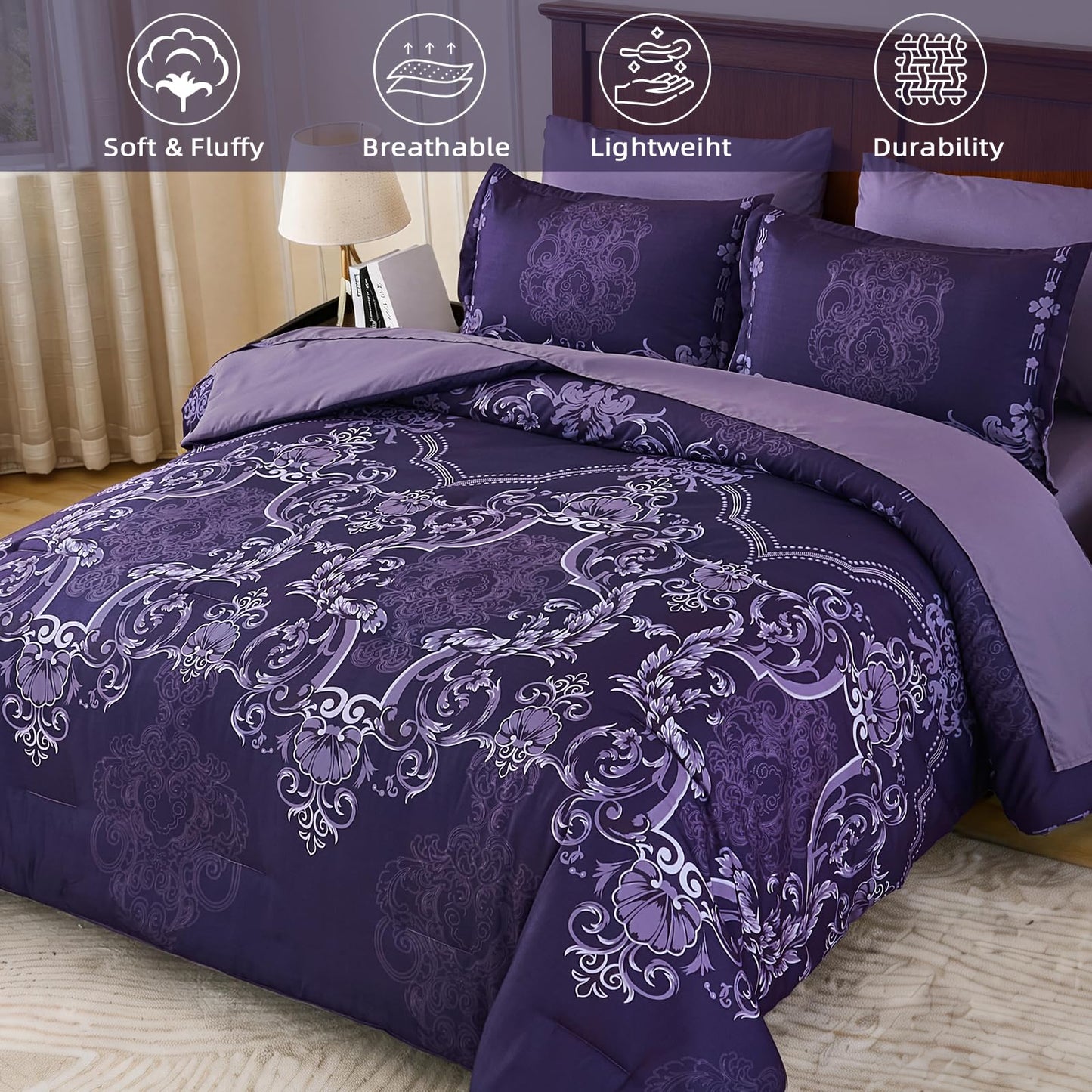 Mybedsoul 7 Pieces Dark Purple Comforter Set King Size, Damask Bed in a Bag for King Bed, Lightweight Microfiber Boho Bedding Sets with Comforter, Sheet, Pillowcases & Shams for All Season(90"x104")