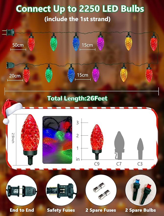 50 Count C9 Christmas Lights Outdoor, 26FT Diamond-Cut Multicolor LED String Lights, Connectable Green Wire Vintage Christmas Lights for House, Roofline, Trees, Garden & Christmas Outdoor Decorations