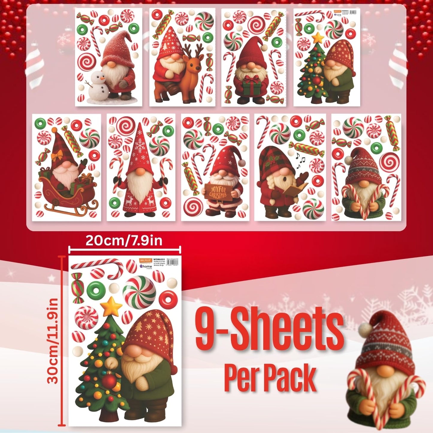 WALPLUS Christmas Window Clings Decorations Double-Sided Reusable Peel and Stick Removable for Glass Living Room Nursery Room Home Office Holiday Gnomies and Candy Delights 186 Pieces