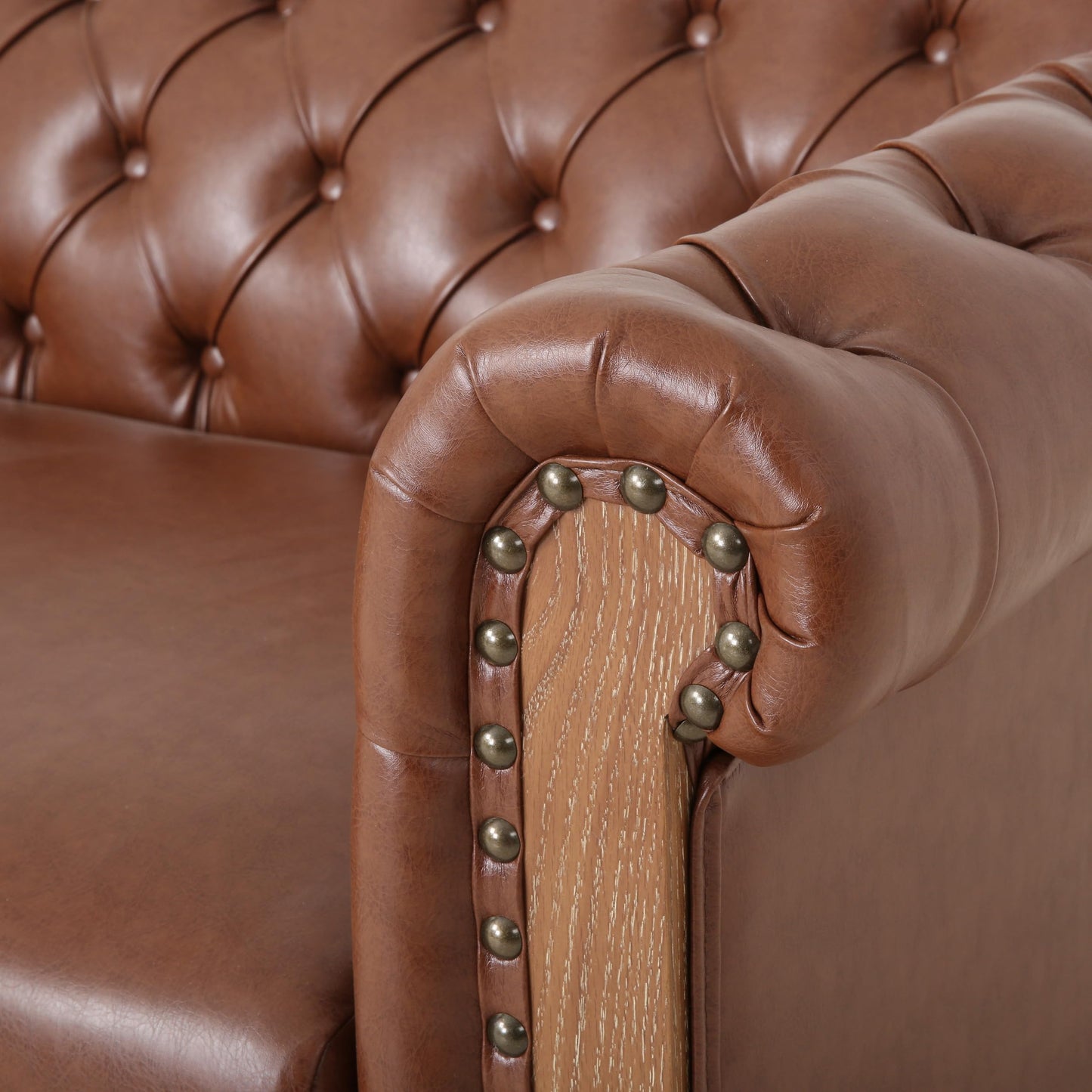 Merax 3 Seat PU Chesterfield Sofa, Retro Style Upholstered Leather Couch Rolled Arm for Living Room Bedroom Office, Light Brown