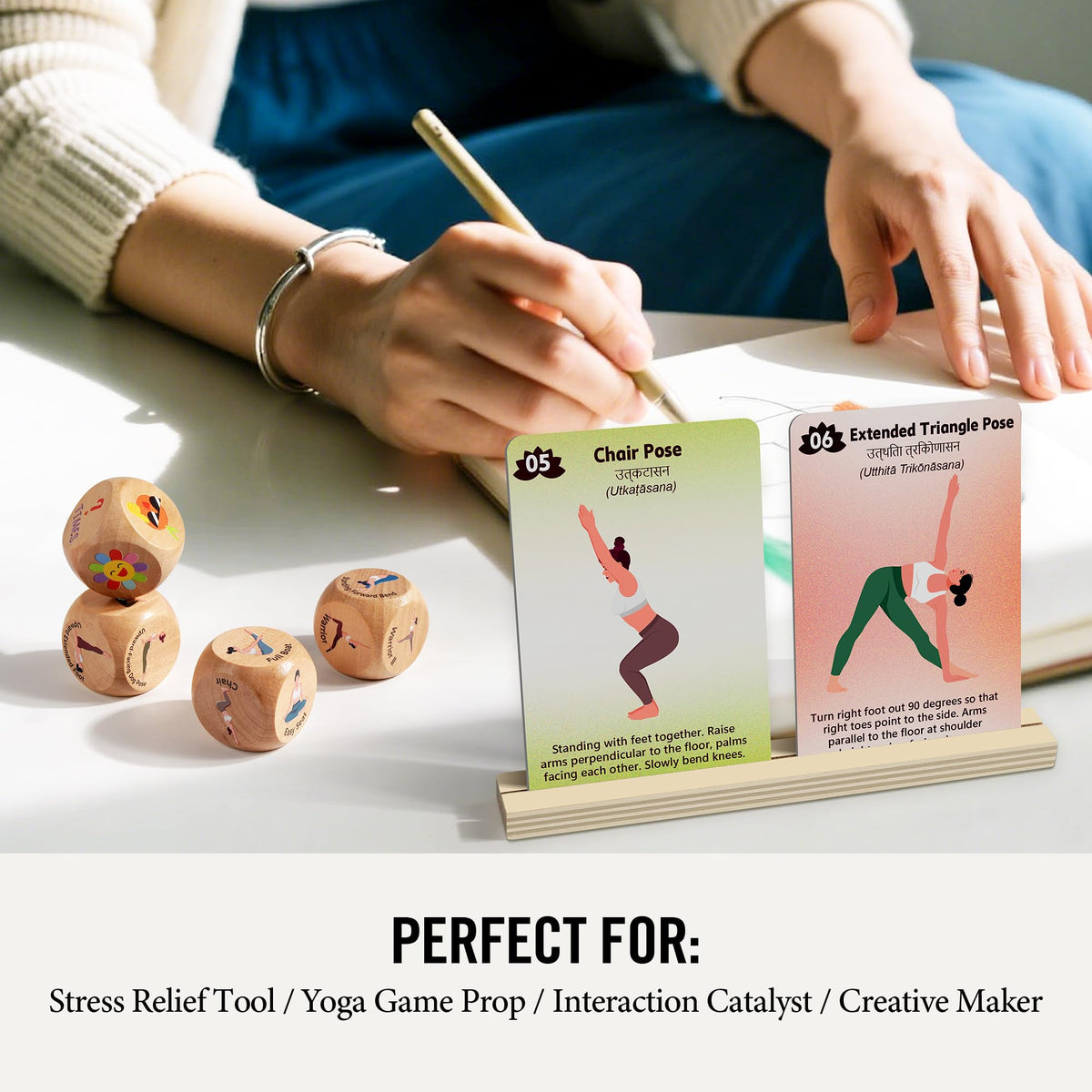 Homotte Yoga Cards and Wooden Yoga Dice Set for Beginners, Kids Yoga Accessories Pose Workout Kit with 4 Dice, 8 Card Holder, Gift for Women