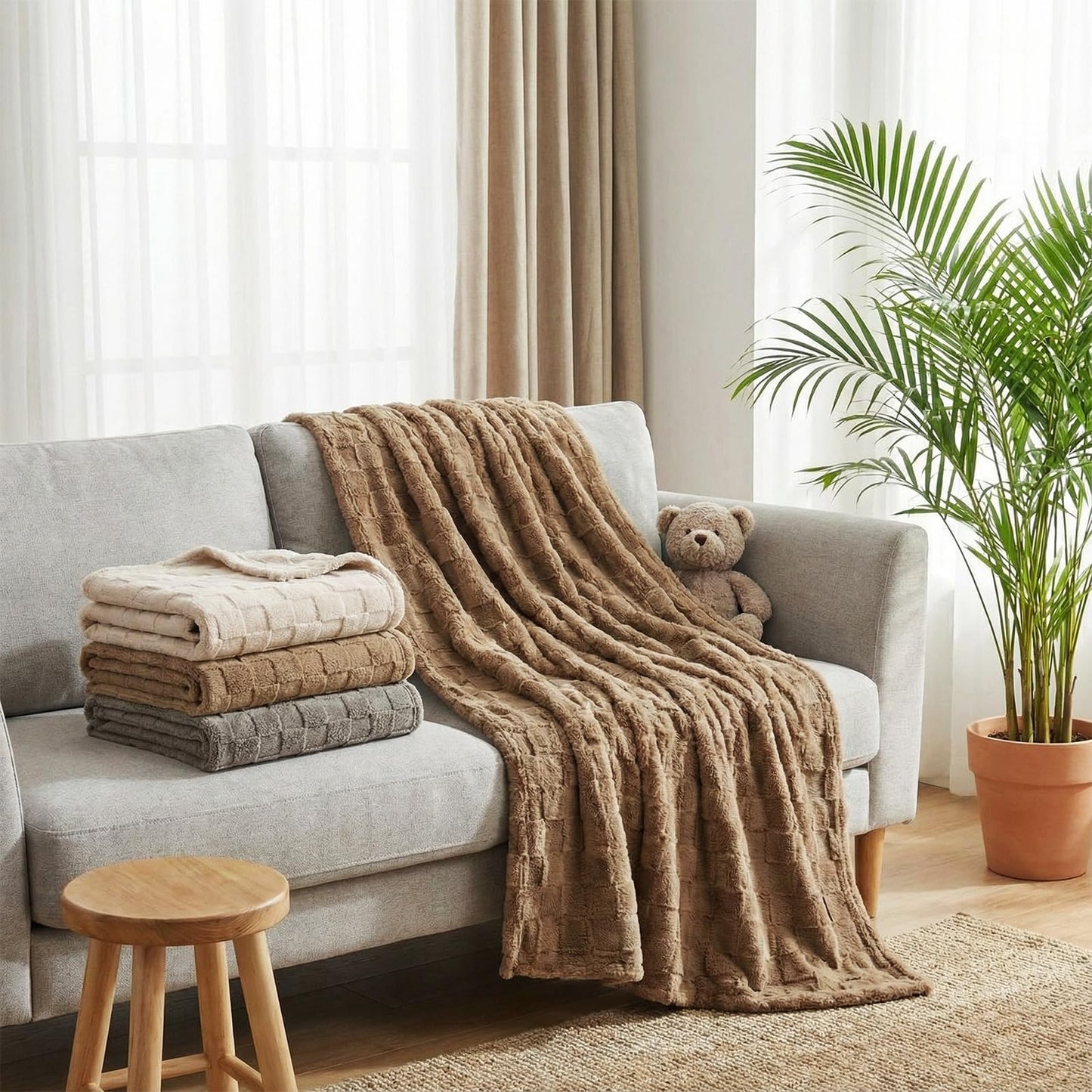 Buryeah 6 Pack Fleece Throw Blankets Bulk, 50 x 60 Inches Soft 3D Checkered Flannel Blankets Warm Sleepover for Couch Sofa Bed (Neutral Colors)