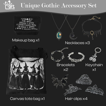 Giftamaz Gothic Gifts for Women - 12 PCS Witchy Gifts Goth Accessories with Hair Clips, Witch Canvas Tote Makeup Bag, Spooky Gifts Basket Witchy Skull Gift Box for Girls Teens Friend Gothic Lovers