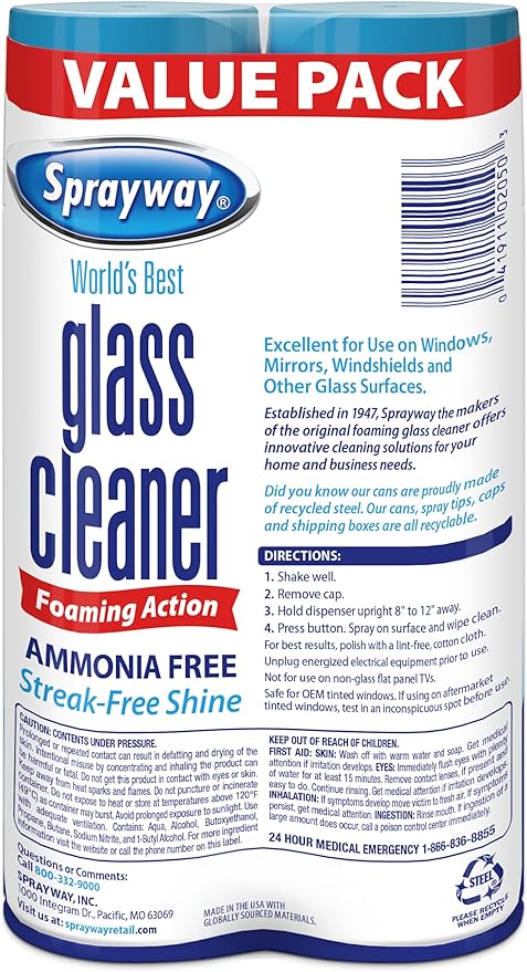 Sprayway Glass Cleaner Foaming Aerosol Spray, Streakless, Fast-Acting | Cleans