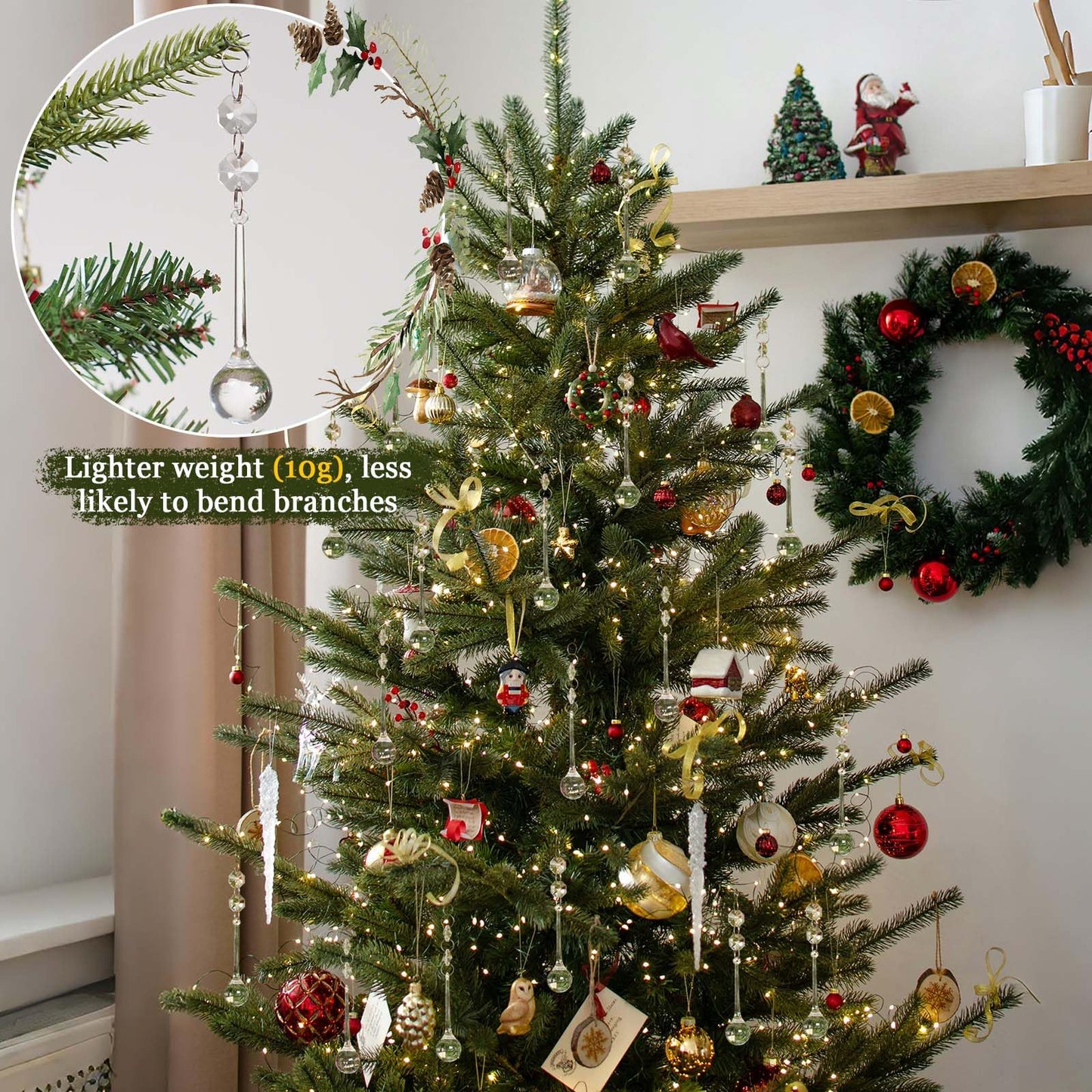 24 Pcs 3-Inch Christmas Tree Decoration Crystal Ornaments，Teardrop Pendants with Hanging Hook for Holiday Decor, Centerpieces, Chandeliers & Party Supplies (3"×0.9")