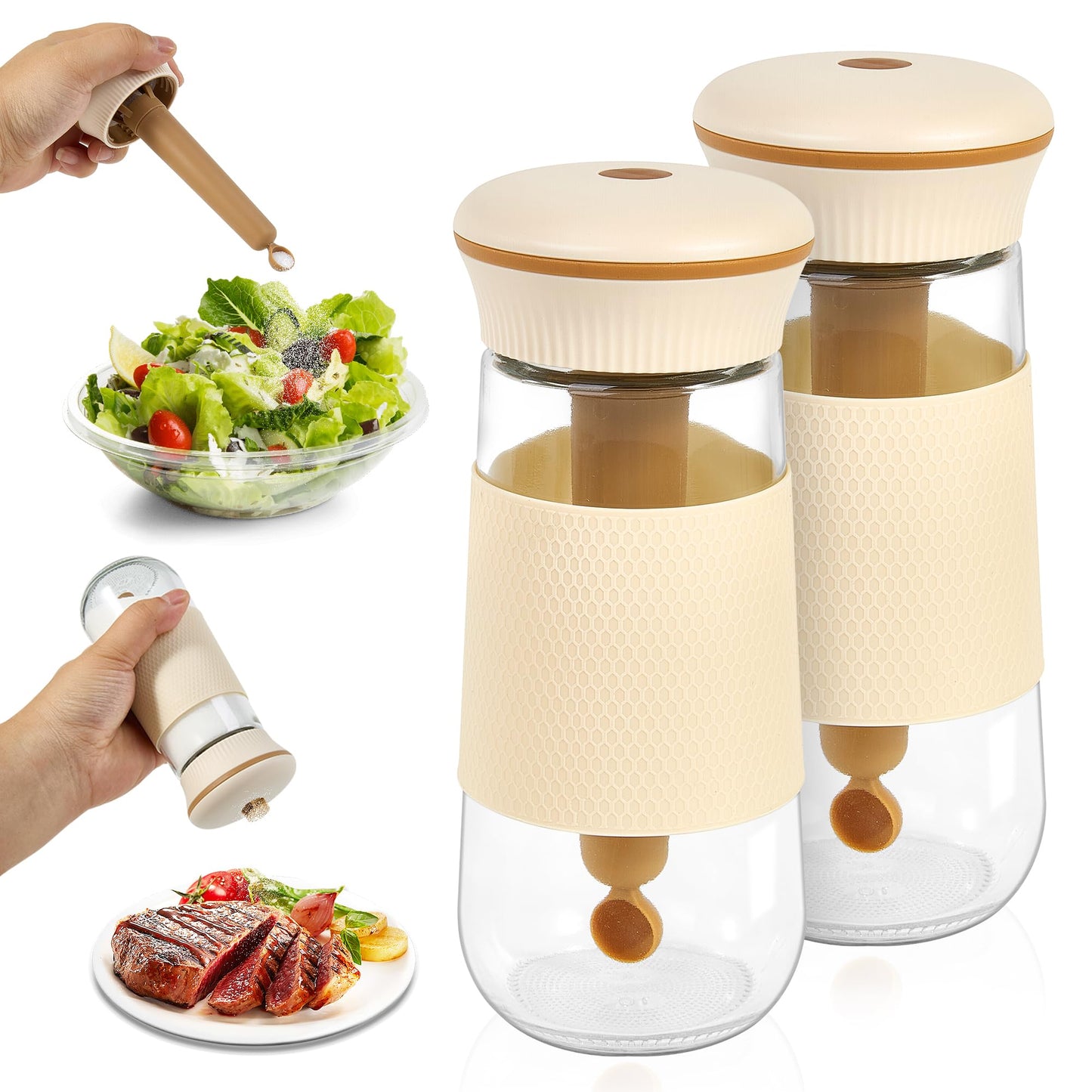 Salt Shakers for Kitchen with Measuring Spoon, BPA-Free Glass 2-in-1 Spice Jars Shake Less Salt & 1g Scoop, Fine Salt Container for Low Sodium and Salt People, Easy Filling（2PCS）