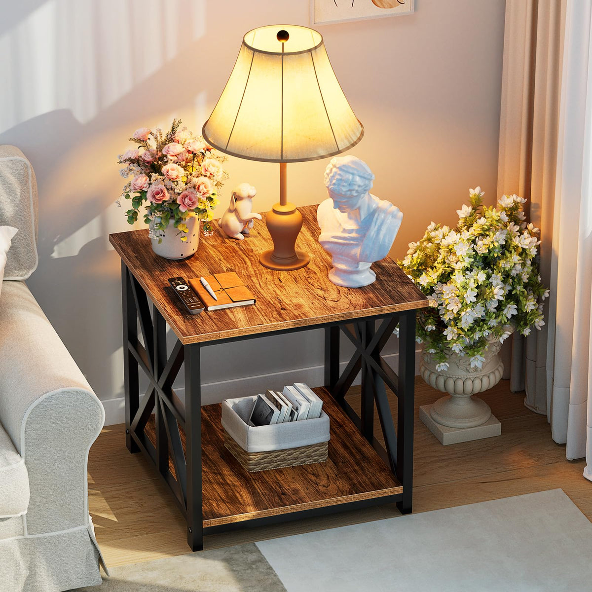 GreenForest End Table with 2-Tier Storage Shelf, 24 inch Large Side Table for Living Room, Modern Nightstand for Bedroom Bedside Office Farmhouse, Walnut