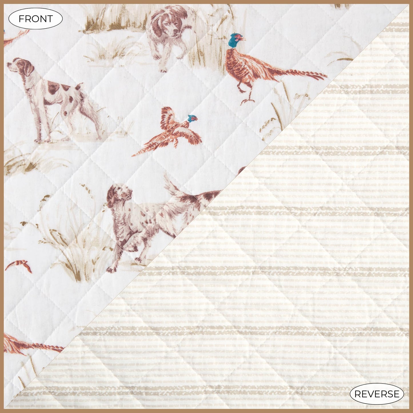 Paseo Road Hunt Life Cotton Quilt Set, 3 Piece King Bedding Set with Pillow Shams, White Brown Pheasant Hunting Dog Reversible Quilt Set, Soft Breathable Cozy Lightweight Quilt, Rustic Cabin Bedding