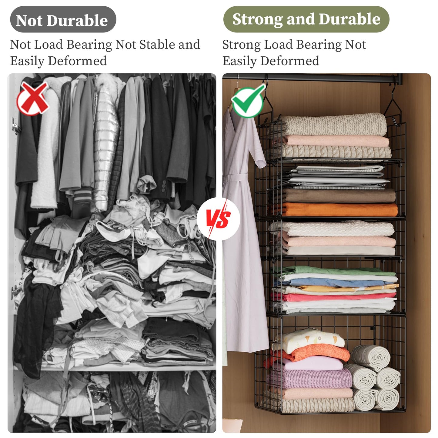 X-cosrack Closet Hanging Organizer Shelves - 5 Tier Wardrobe Organizers and Storage Bin, Hanging Organizer Shelves, Clothes Shelf with Adjustable Dividers for Bedroom Closet Sweater Shoes Handbag