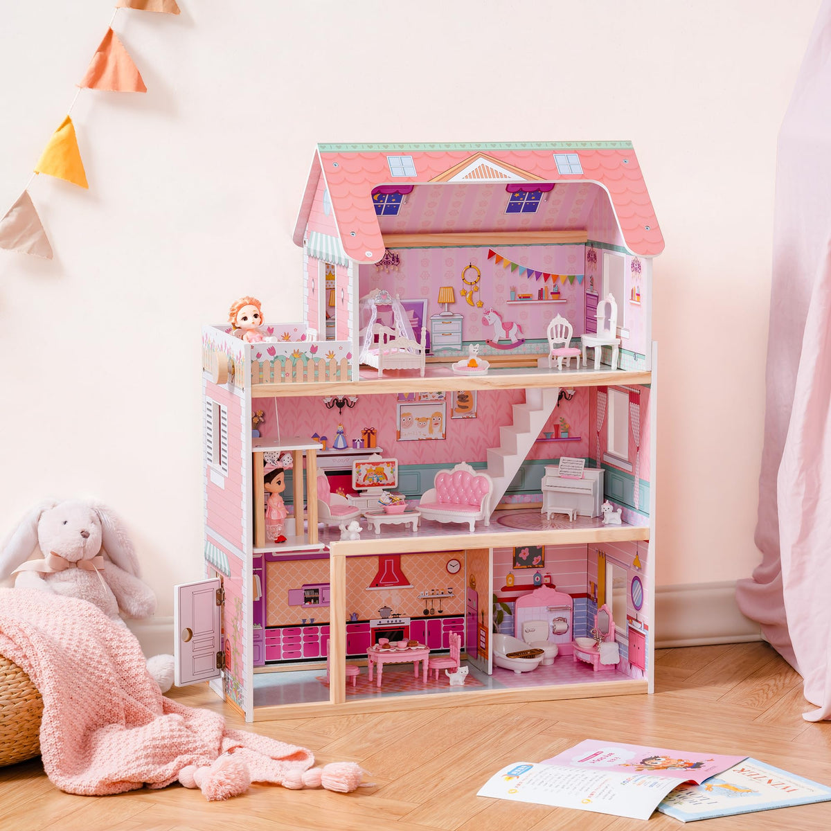 ROBUD Wooden Dollhouse, Doll House Playset with 24-pcs Exquisite Accessories, Working Elevator, Gift for Ages 3+