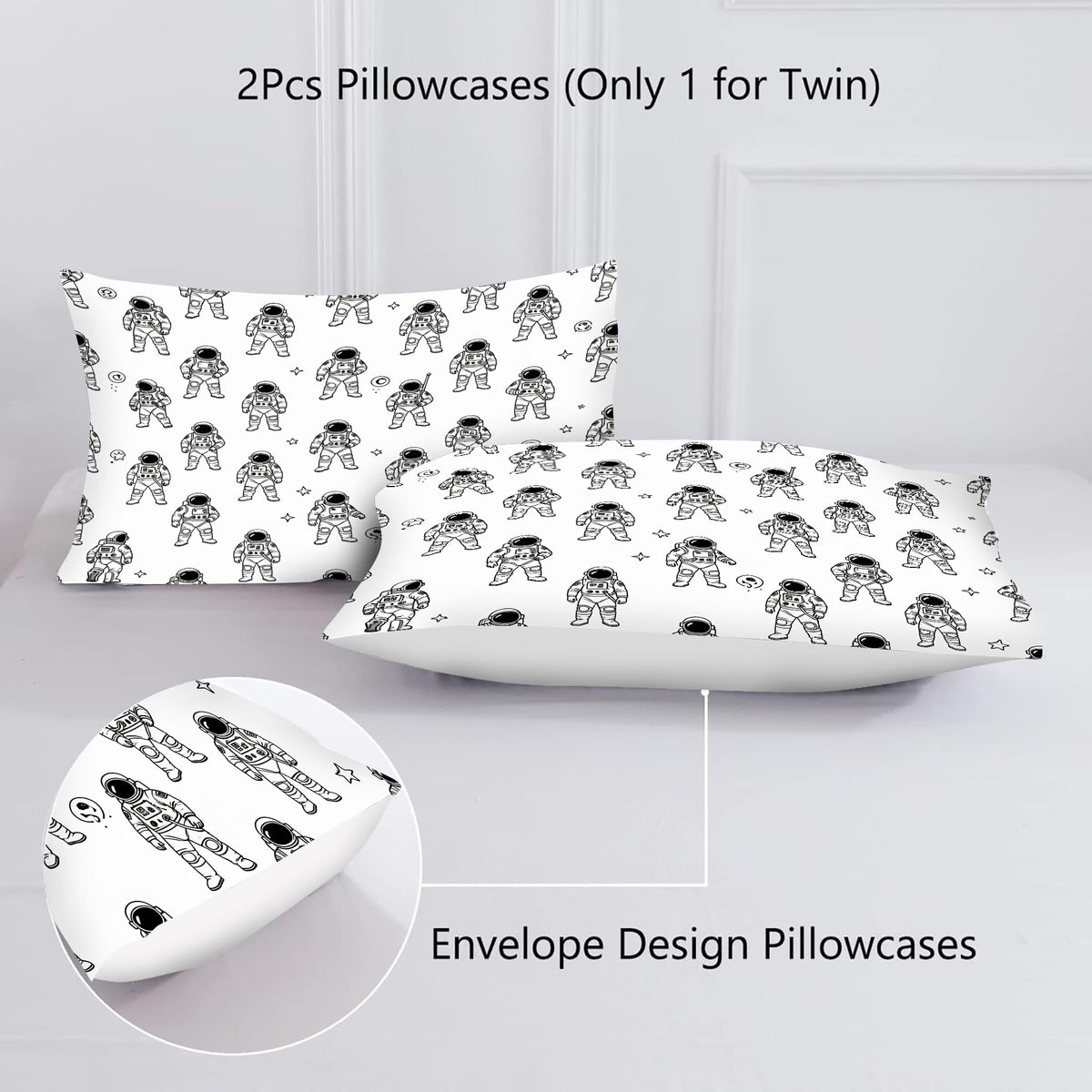 VTKON Black and White Astronaut 3Pcs Comforter Set for Boys, Queen Size Spaceman and Star Bedding Set, Line Print Galaxy Bed Sets for Kids Bedroom with 2 Pillowcases