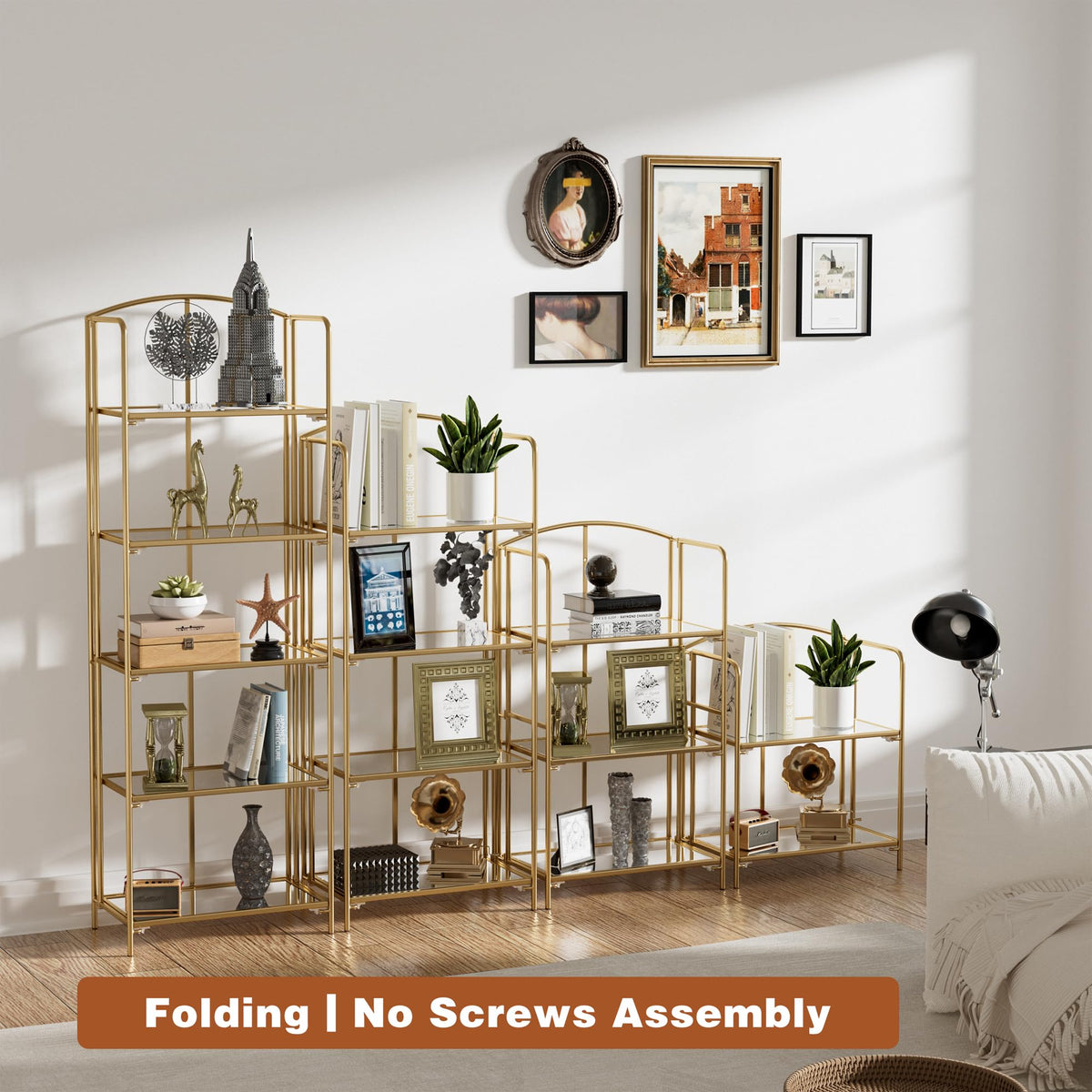 Crofy 3-Tier Foldable Bookshelf, Gold Frame & Transparent Shelves