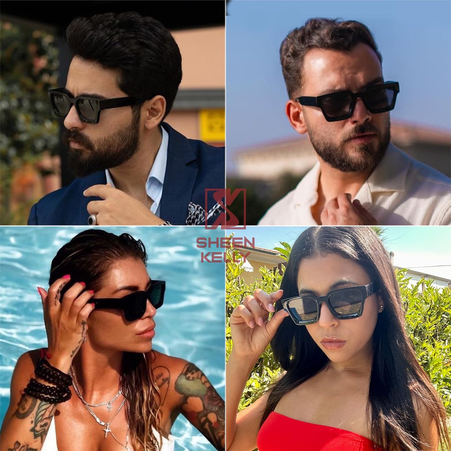 SHEEN KELLY Retro Thick Rectangle Chunky Sunglasses Women Men Trendy Square Black Shades Tortie Frame Fashion 90s Glasses