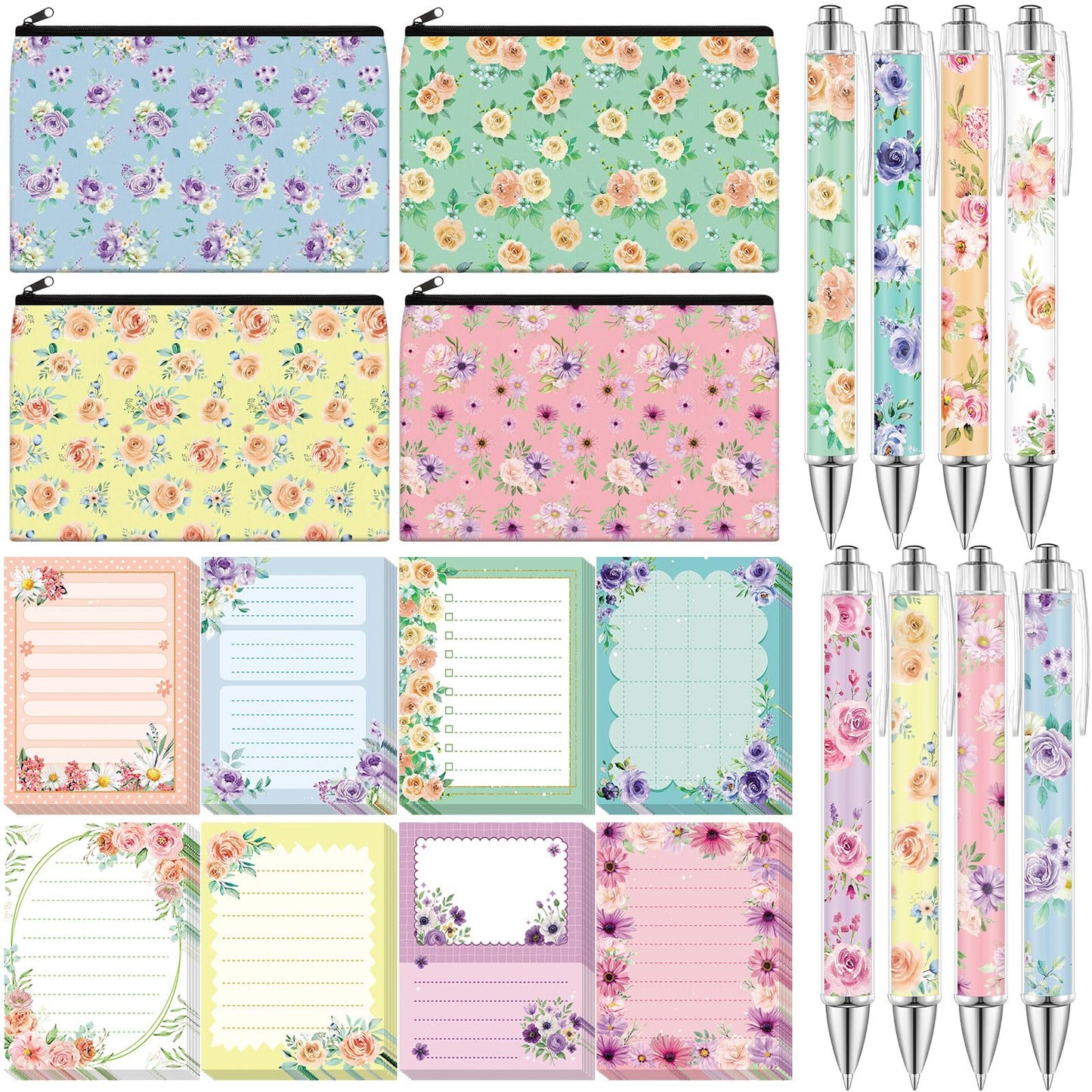 Eaasty 20 Pieces Flower Gift for Women Sticky Notes with Floral Pens, Pencil Bags Makeup Bags, 3 x 4 Inches Cute Note Pads, Funny 1.0 mm Ballpoint Pens, Office Supplies for Women
