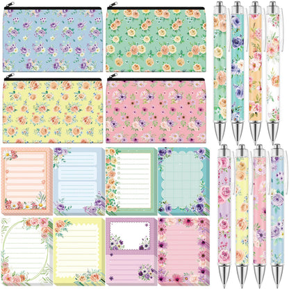 Eaasty 20 Pieces Flower Gift for Women Sticky Notes with Floral Pens, Pencil Bags Makeup Bags, 3 x 4 Inches Cute Note Pads, Funny 1.0 mm Ballpoint Pens, Office Supplies for Women