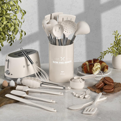 Umite Chef Silicone Kitchen Cooking Utensil Set, 43 pcs Spatula Set with Stainless Steel Handle, Non-stick Heat Resistant - Best Cookware Set-(Khaki)