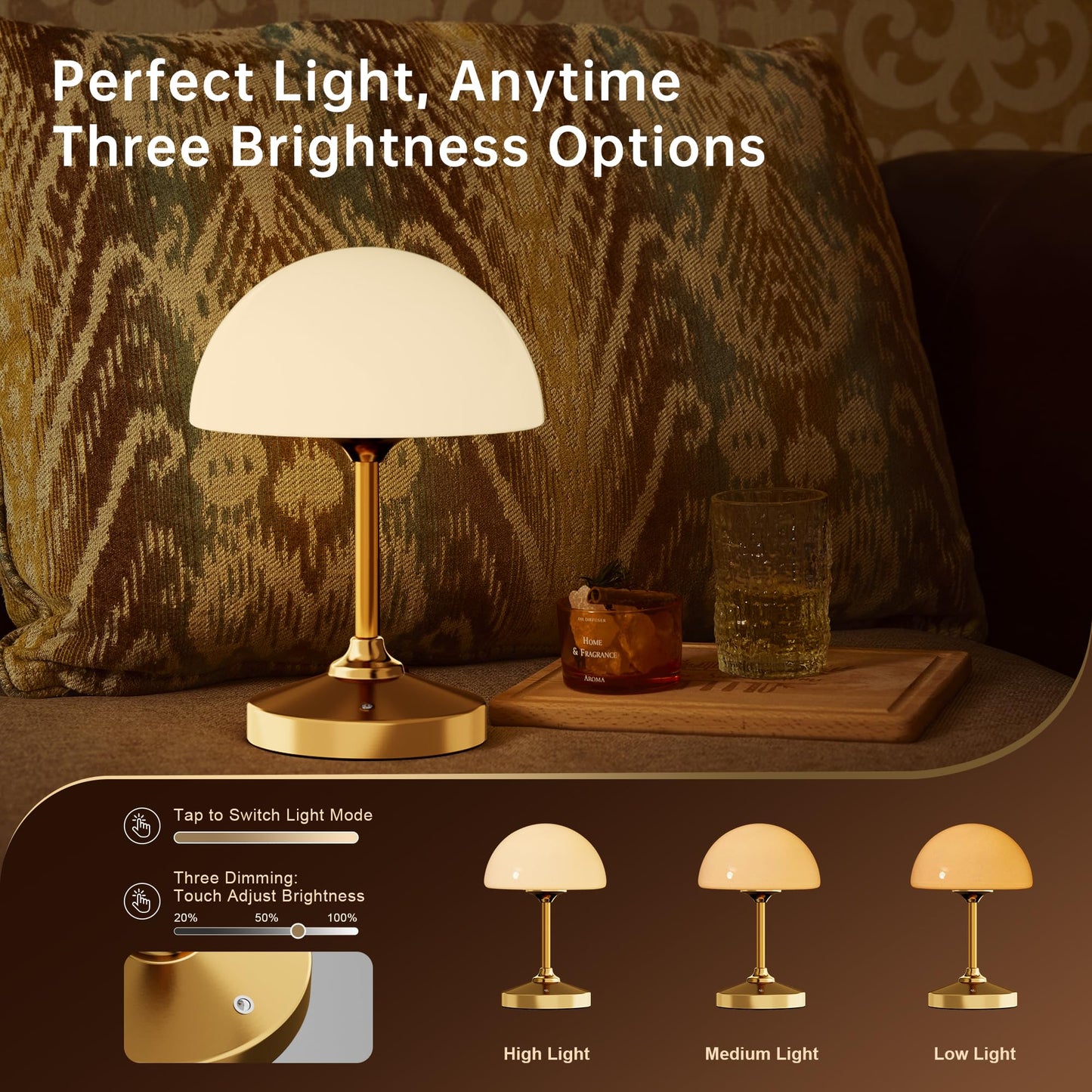 Dawnwake Mushroom Lamp Cordless Lamp Table Lamp,Outdoor Waterproof Shower Lamps,5000mAh Rechargeble Battery Operated Dimmable Touch Desk Lamps,LED Night Light for Bathroom Patio Camping Outdoor(Gold)