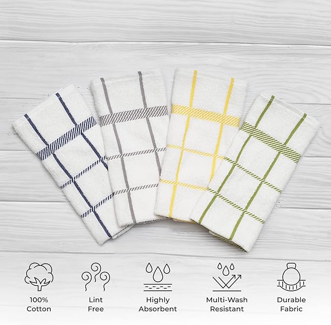 100% Cotton Terry Dish Towels, 4 Pack Checks, 16 x26 Inches, Super Soft and